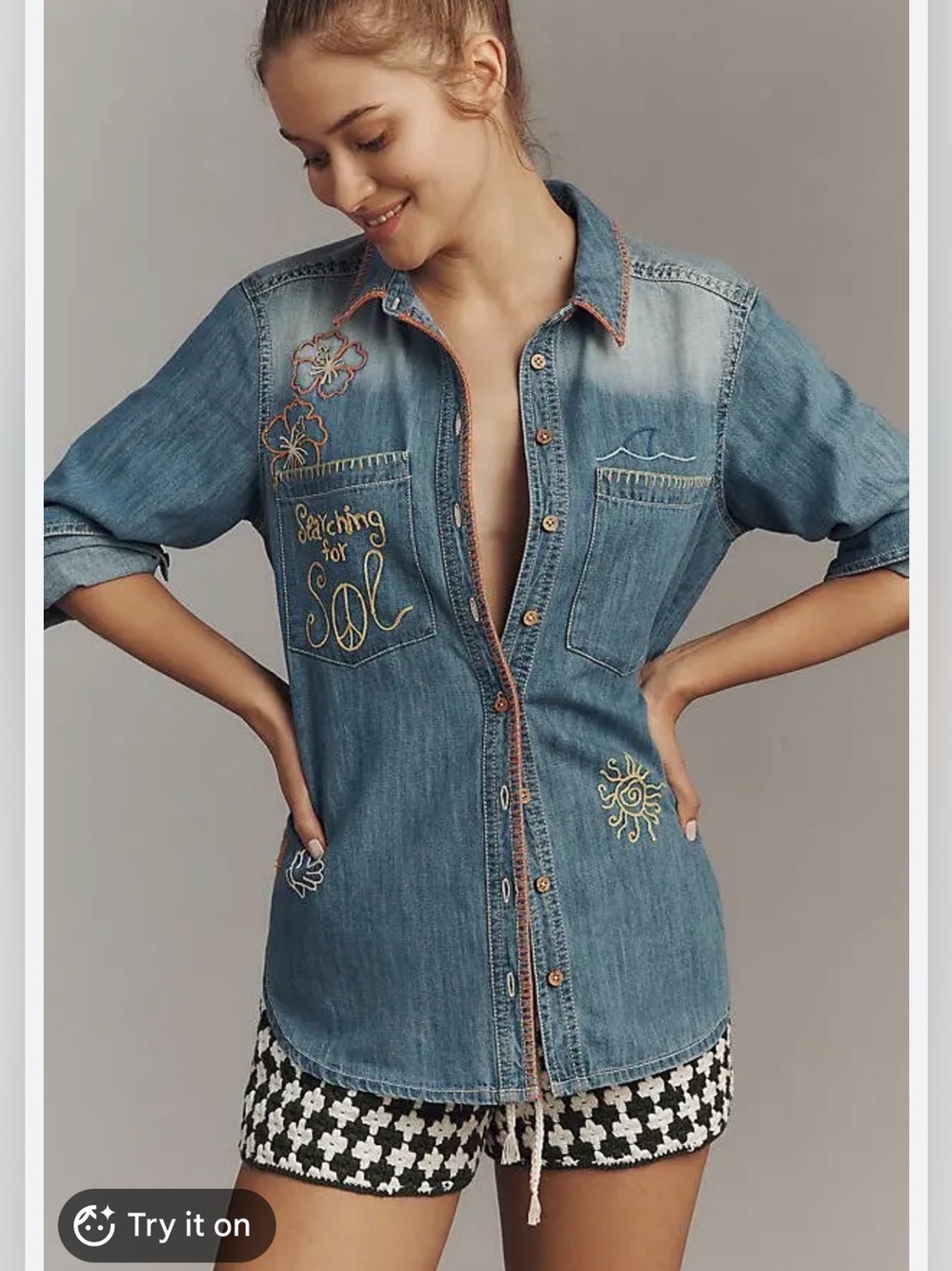 Anthropologie Pilcro Embroidered Denim Button-Up Shirt Sol Blue Size M Like New
